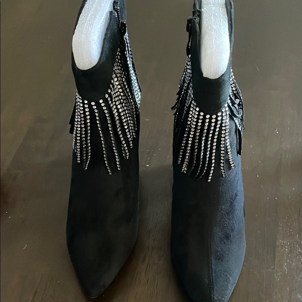 Black Faux Suede Fringe Ankle Boots - Picture 3 of 6